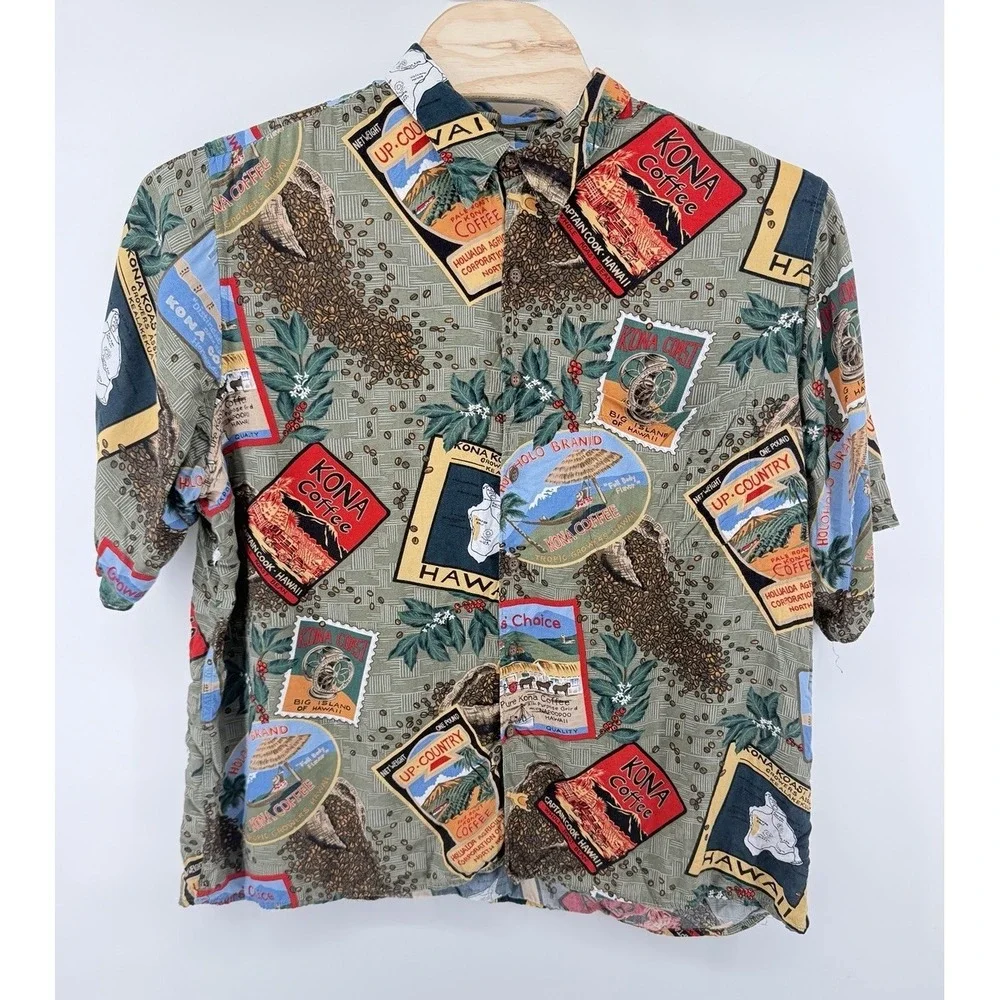 Reyn‎ Spooner Polo Shirt Full Cut 2XL Kona Coffee Bean Postcard Hawaiian